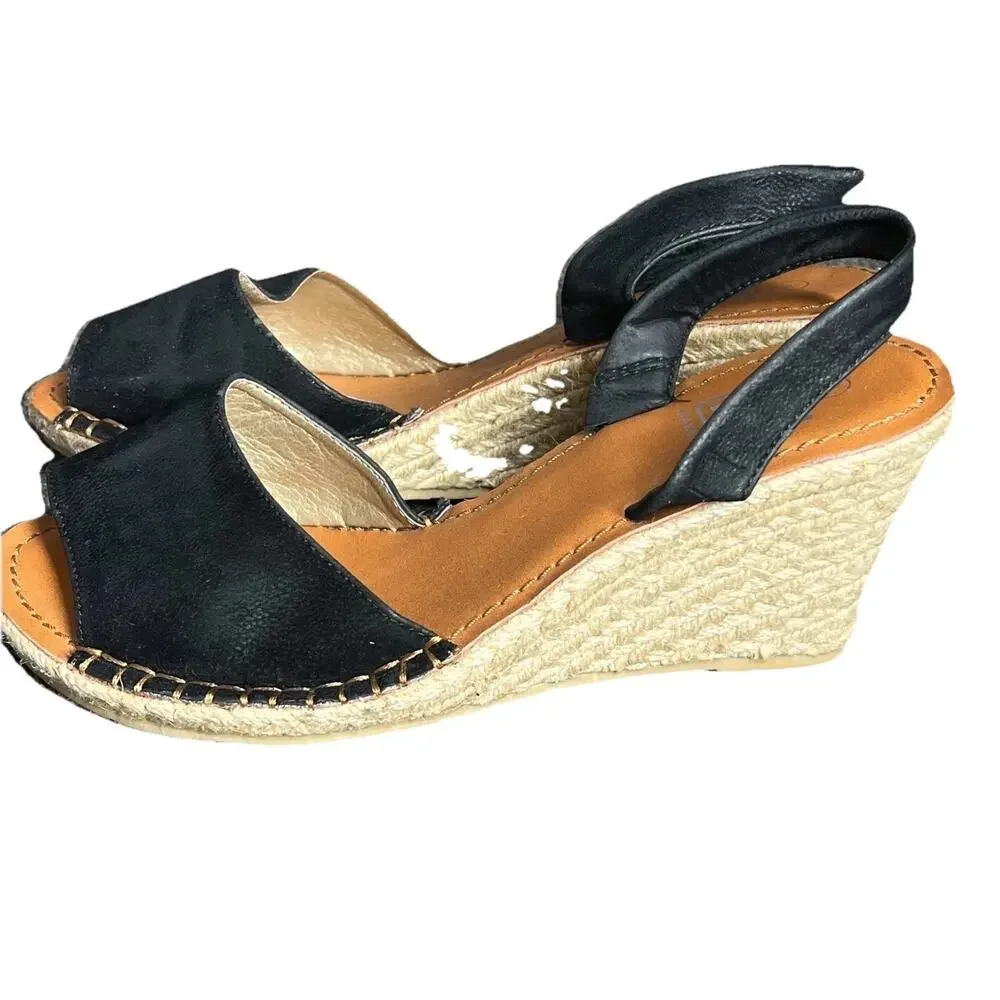 Makers Espadrille Wedge Sandals Womens 8 Black Sling Back Jute Boho Chic Summer